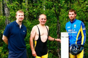 My Dad (in a unitard), Todd and Stu during the Make a Difference marathon in a cycling unitard at the exact spot Terry Fox ended his Marathon of Hope